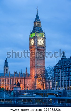 Palace of Westminster, Big Ben clock tower and Westminster Bridge in London