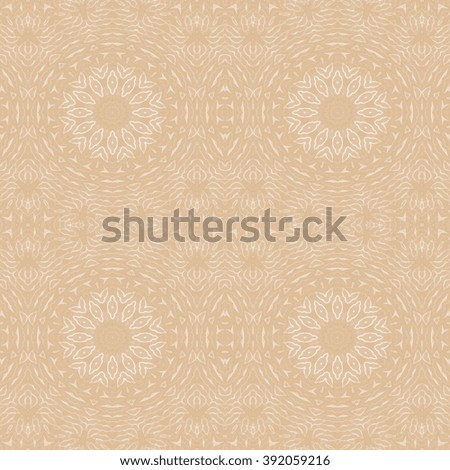 Abstract geometric seamless background in quiet colors. Delicate floral circle ornaments in beige and light brown shades.