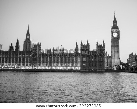 Houses of Parliament aka Westminster Palace at night in London, UK in black and white