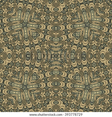 Seamless kaleidoscopic wallpaper tiles pattern drawn with black soft pencil based on wooden texture