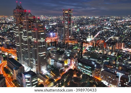 Aerial night view of Tokyo Cityscape from Tokyo Government Office south observation room