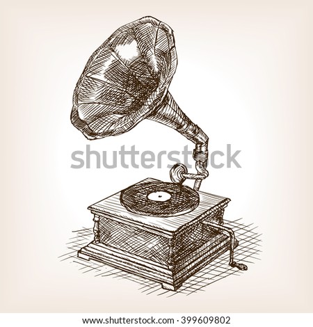 Gramophone sketch style raster illustration. Old hand drawn engraving imitation. Vintage object illustration