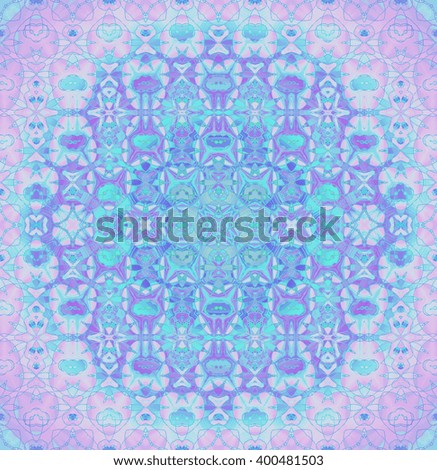 Abstract geometric seamless background. Ornate circle ornament with various elements in pink, violet, purple and turquoise blue, delicate and dreamy.