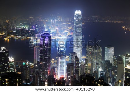 Hong Kong Cityscape. Thousand of skyscraper on two side of Victoria Harbour of Hong Kong. View from the Peak at night.