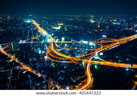 Industrial night road at night in Bangkok, Thailand. Selective focus