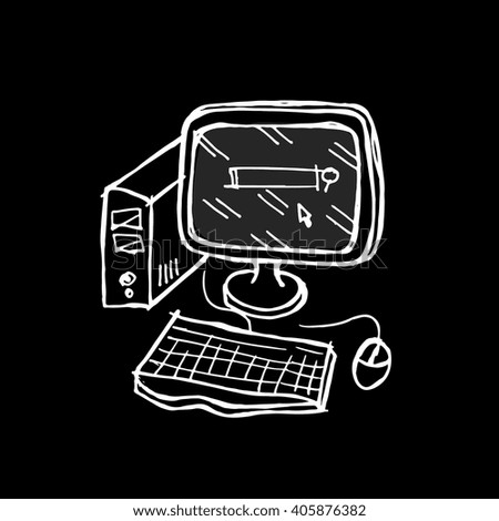 Computer on black background. Free hand drawn. Vector illustration. 