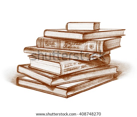 Stack of Books Isolated on White. Hand Drawn Illustration. Sepia Drawing.