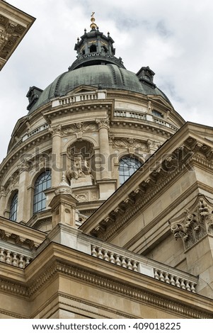 Budapest Basilica of Saint Stephen on a cloudy day, Hungary. It is a Roman Catholic basilica built in neoclassical style.