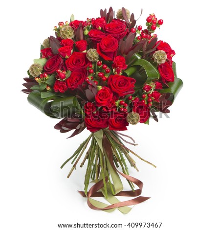 Red bouquet of various flowers on white background