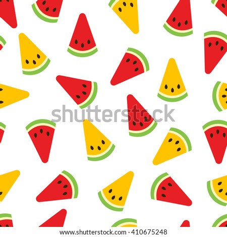 Watermelon seamless pattern. Red and yellow watermelon slices on white background. Fruit collection. Vector background EPS 8.