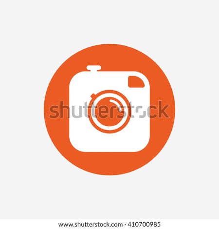 Hipster photo camera sign icon. Retro camera symbol. Orange circle button with icon. Vector