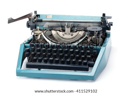 Retro rusty typewriter isolated on white background.