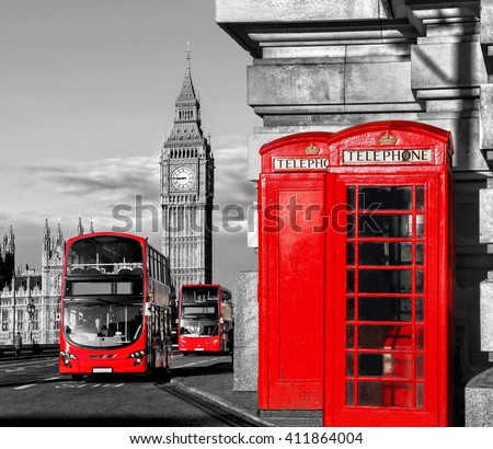 London symbols with BIG BEN, DOUBLE DECKER BUS and red PHONE BOOTHS in England, UK