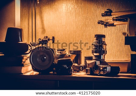 vintage photographic equipment before shooting, tone correction, soft focus