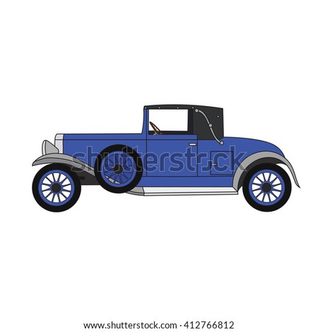 Blue cartoon retro convertible. Old authentic vintage car with spare wheel.