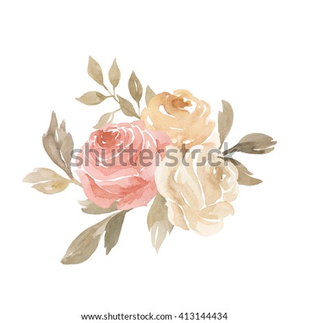 Bouquet of watercolor roses on white background.  Floral card.  Floral background. Hand Painted Watercolor Illustration. Can be used as greeting card, wedding  invitation, birthday