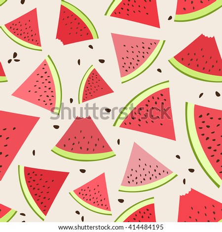 Watermelon slices on beige background. Fruit vegetable berry seamless pattern.