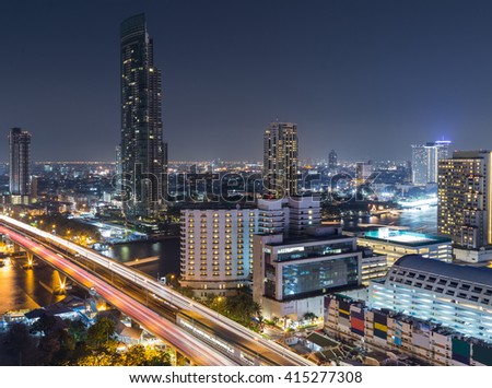 Bangkok City at night time,Hotel,Condominium,Modern office near Chao Phra Ya River in the capital of Thailand