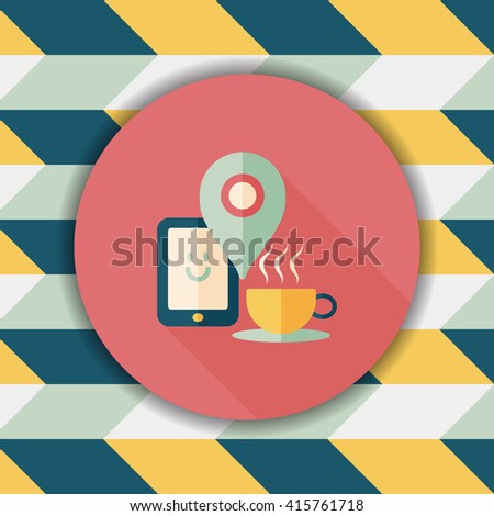coffee flat icon with long shadow, eps10, When you go to coffee shop, you can check into places and click the 