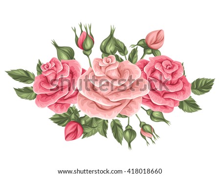 Floral element with vintage roses. Decorative retro flowers. Object for decoration wedding invitations, romantic cards.
