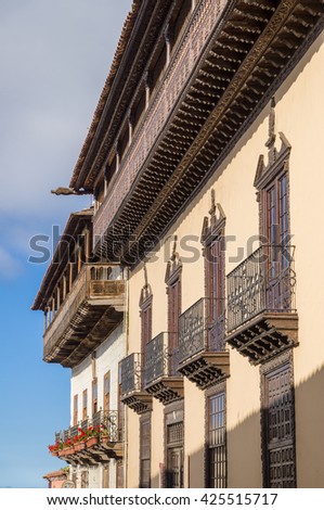 Facade of La Casa de los Balcones - historic house and a museum in La Orotava town, Tenerife, Canary Islands, Spain