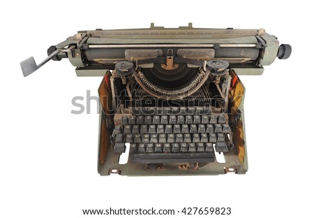 gray dusty old Russian typewriter isolated on white background