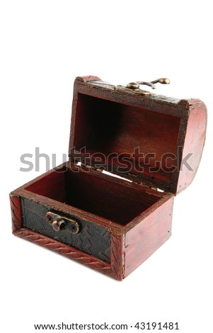 single open wooden chest with metal ornament