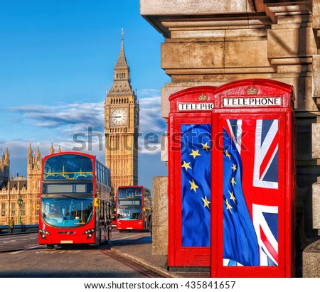 European Union and British Union flag on phone booths against Big Ben in London, England, UK, Stay or leave, Brexit