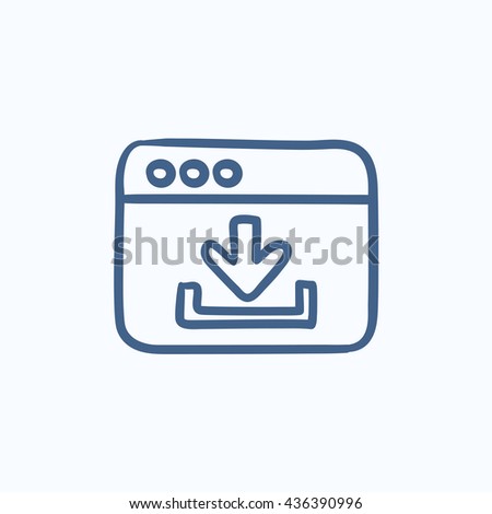 Browser window with download sign vector sketch icon isolated on background. Hand drawn Browser window with download sign icon. Browser window sketch icon for infographic, website or app.