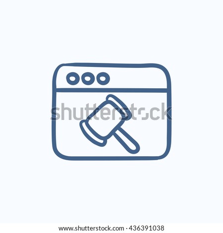 Browser window with judge hammer vector sketch icon isolated on background. Hand drawn Browser window with judge hammer icon. Browser window with hammer sketch icon for infographic, website or app.