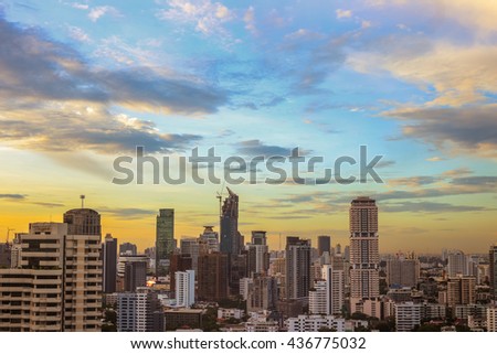 Skyline view of Bangkok cityscape with twilight sky, Thailand