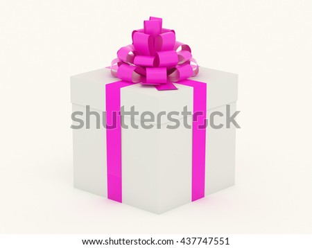 Gift white carton box with glance silk pink ribbon and bow. Packing container for gifts for the holidays, events, action, show. Isolated on white background 3d illustration