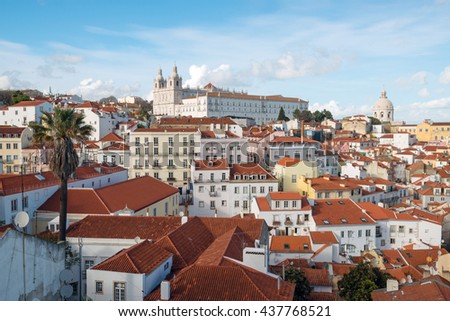 Beautiful view of old city from Alfama with cloudy sky in Lisbon at dusk, Portugal