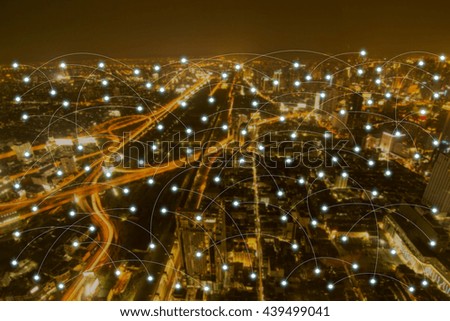 Night city scape and network connection ideas concept design