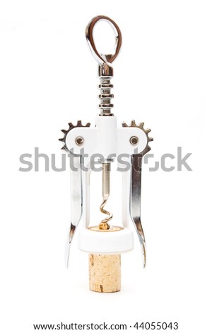 Corkscrew and cork isolated on white