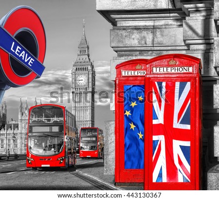 Britain votes to LEAVE European Union, phone booths with flags against Big Ben in London, England, UK