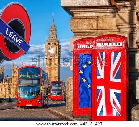 Britain votes to LEAVE European Union, phone booths with flags against Big Ben in London, England, UK