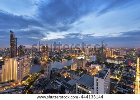 Skyline of Bangkok and the Chao Phraya river at Twilight