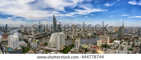 Bangkok city and Chao Phraya river panorama view in day time 
