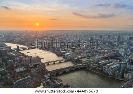 Aerial view of central London, UK, at sunset. Taken from The Shard building observation deck.