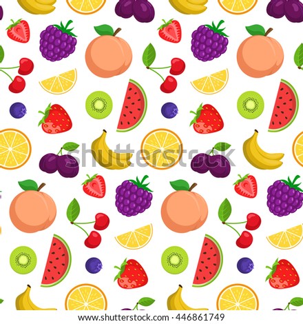 Fruits and berries background. Seamless pattern of bright colored fruits. Vector illustration.