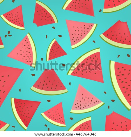 Watermelon slices on blue turquoise  background. Fruit vegetable berry seamless pattern.