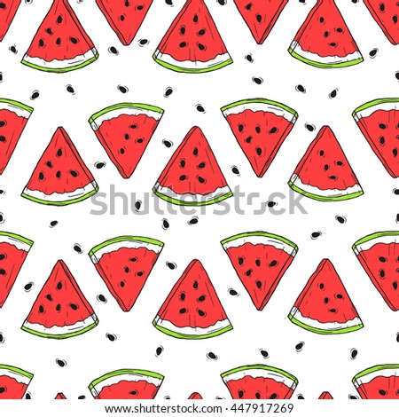 Seamless pattern of watermelons on white background. Sketch style. Vector illustration.