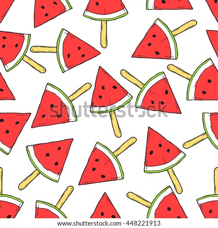 Seamless pattern of red watermelons on white background. Sketch style.