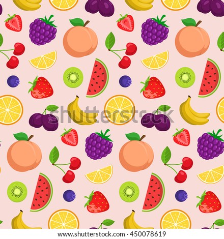 Fruits and berries background. Seamless pattern of bright colored fruits. Vector illustration.