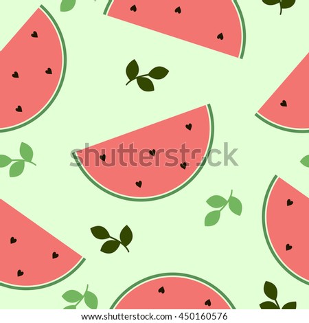 Seamless background with watermelon slices and branches with green leaves on light green background. Vector illustration.