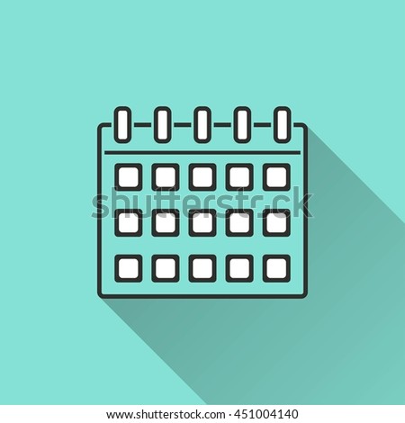 Calendar vector icon with long shadow. White illustration isolated on green background for graphic and web design.