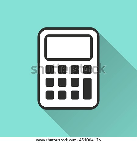 Calculator vector icon with long shadow. White illustration isolated on green background for graphic and web design.