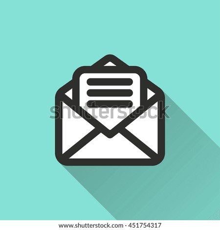 Mail vector icon with long shadow. White illustration isolated on green background for graphic and web design.
