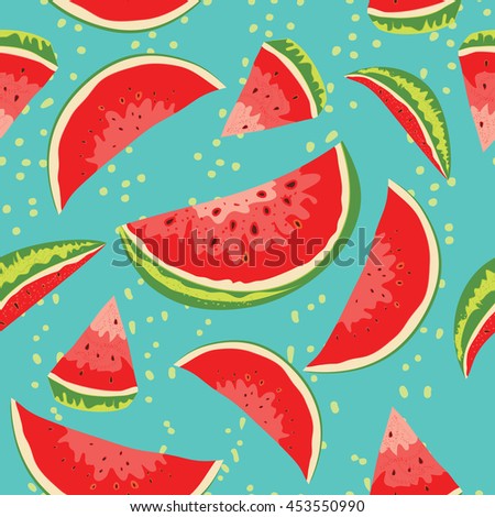 Seamless pattern made of pieces of watermelon. For children's Wallpapers, fabrics, art. On turquoise background